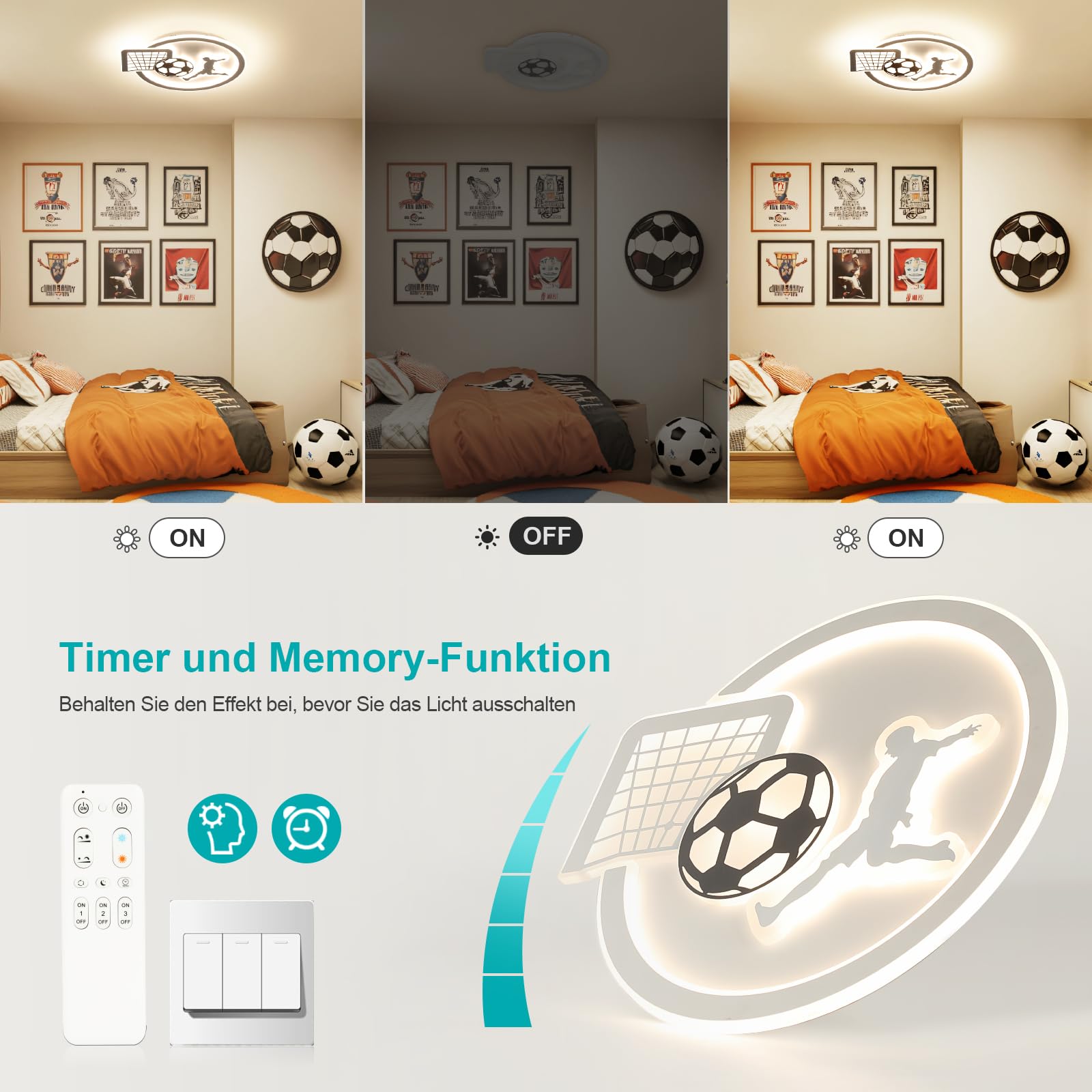 OTREN Plafon LED Techo, Lampara Techo Infantil Regulable con Control Remoto, Fútbol Luces con Timing y Función de Luz Nocturna para Lampara Dormitorio Juvenil Salon Habitacion, 44 cm