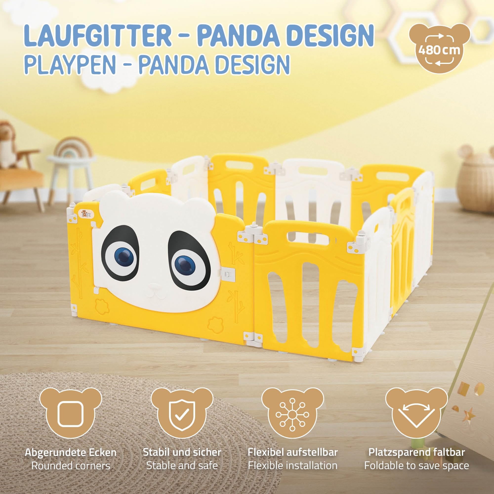 Joyz Box Bambini 120x120 cm Pieghevole Design Panda Bianco/Giallo Cancelletto con Porta e Orologio Didattico Recinto in Plastica per Interni/Esterni Cancelletto per l’Esplorazione dei Neonati