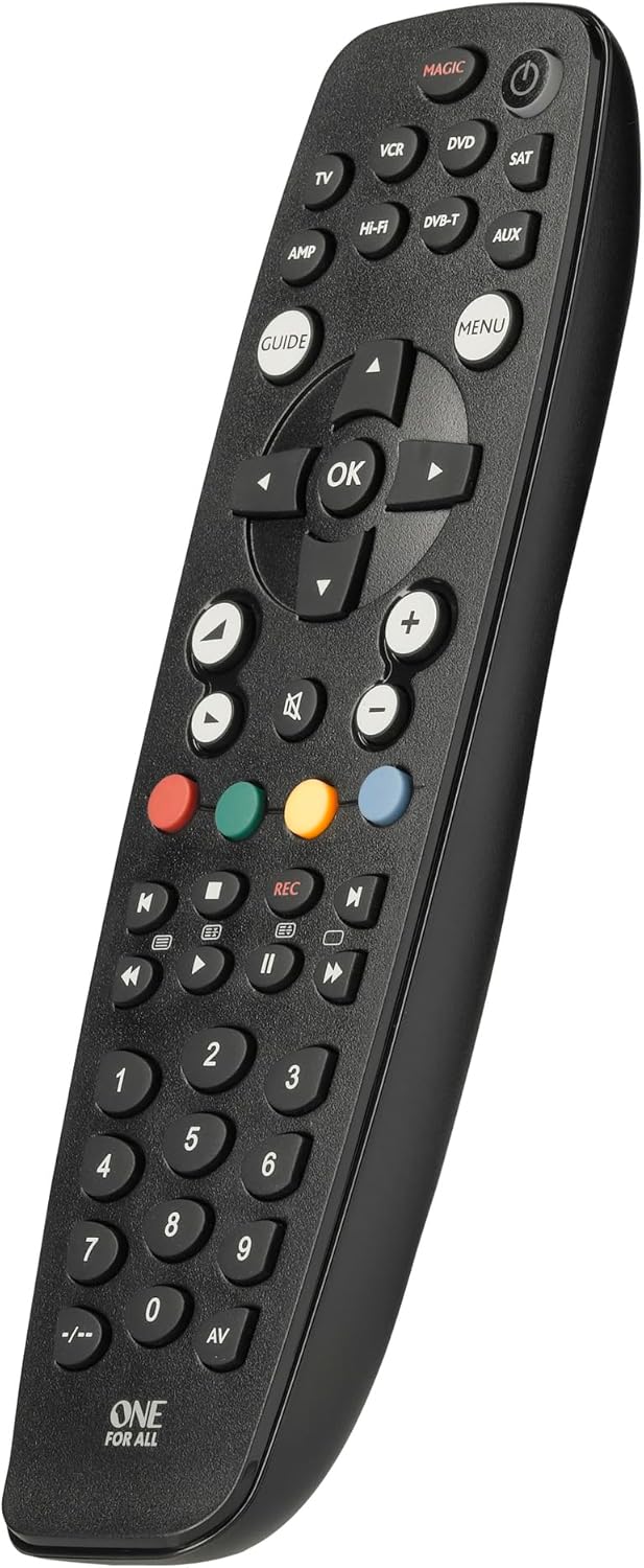 One For All – Mando a Distancia Universal OFA – Mando a Distancia Universal para 8 Dispositivos (TV, TDT, DVD/BLU-Ray, Multimedia y Audio) – Negro – URC2981