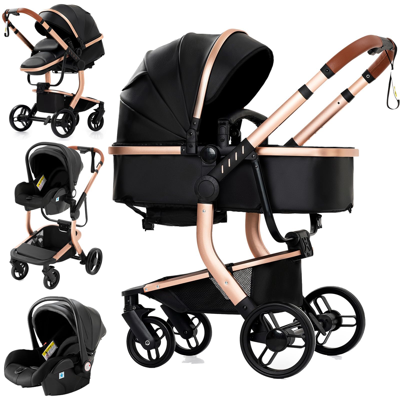 Reenborn Pelle PU Passeggino Trio, Passeggino 3 in 1 con Due Modi Reversibili Spingere, Trio con Telaio Alluminio Paesaggistico Alto, Trio Passeggino Neonati Design Pieghevole in Un Clic (518 Black)