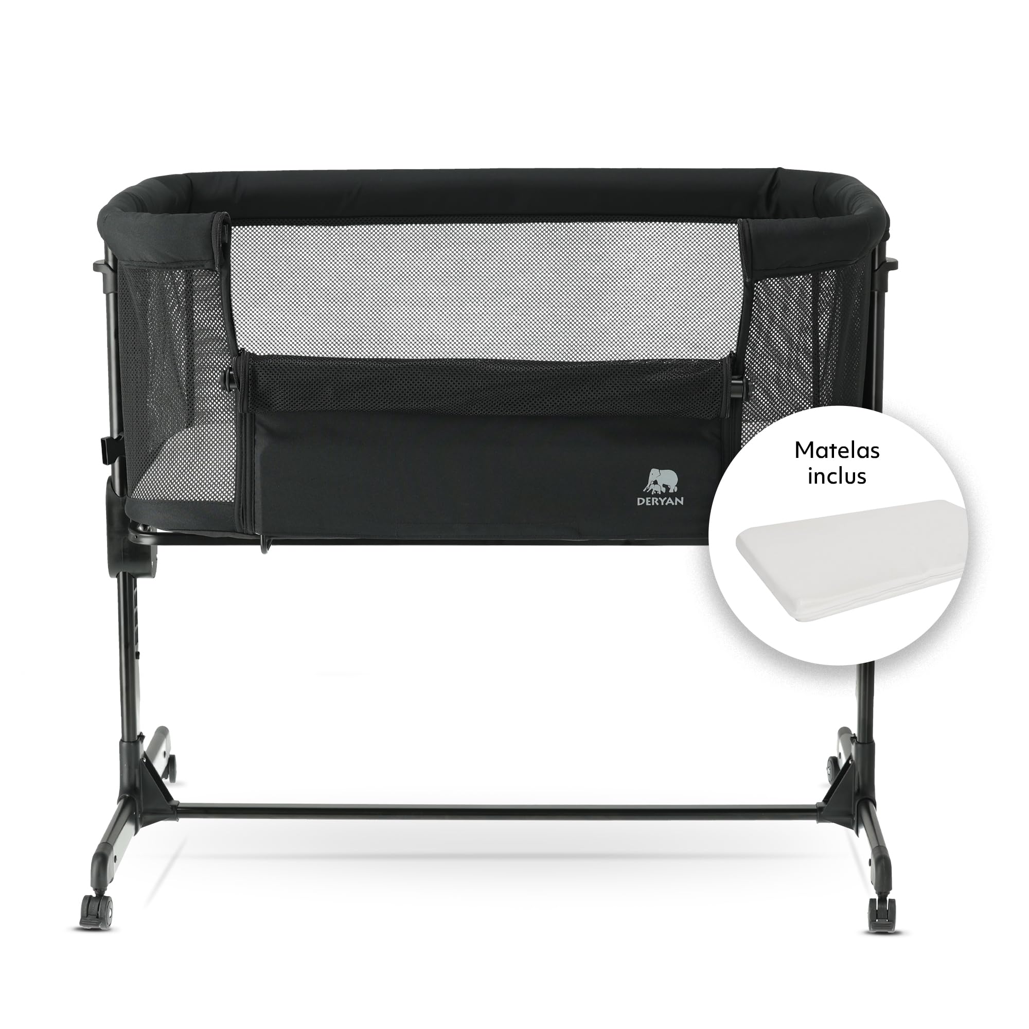 Deryan Snoozy Co-Sleeper 3 en 1 Lit bébé jusqu'à 9 kg Cododo Berceau Réglage Hauteur Inclinaison Matelas 4 roulettes Freins Matelas Ergonomique Sac (Noir)