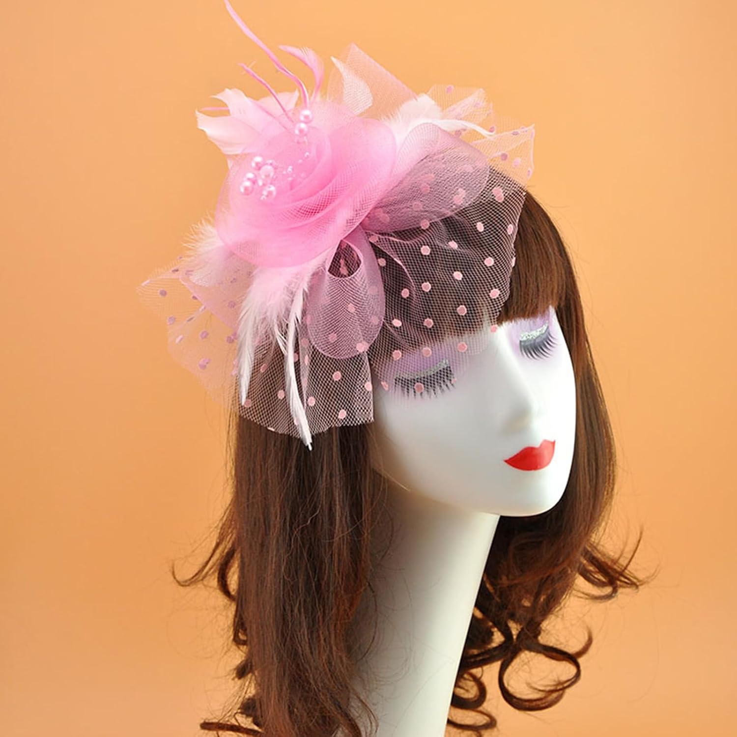 YAXAMING Fascinators Hat Bow Gloves Pearl Necklace Bracelets Flower Mesh Veil Feather Headband Hair Clips 20s Headpiece Headwear Women Halloween Cocktail Wedding Carnival Tea Party Accessories Pink image 2