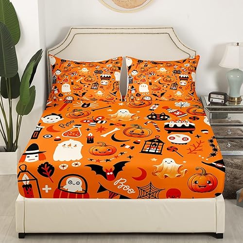 Miniatura 9 de Erosebridal Sábanas de Halloween tamaño Queen, juego de sábanas con cabeza de calavera gótica para niños y niñas, juego de ropa de cama de gato