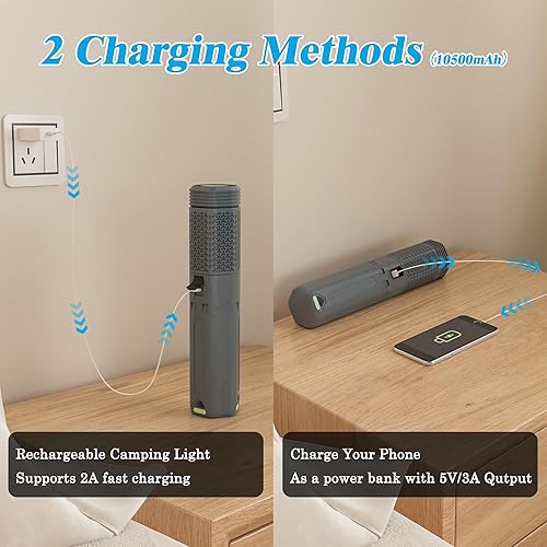 Miniatura 6 de Luz telescópica para campamento con soporte, linterna de campamento recargable de 10500 mAh, linterna portátil regulable con bolsa de