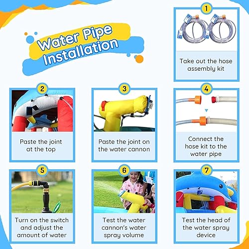 Miniatura 7 de Tobogán acuático inflable con casa de rebote, estilo delfín, piscina de salpicaduras, cañón de agua doble, pared de escalada, soplador GFCI