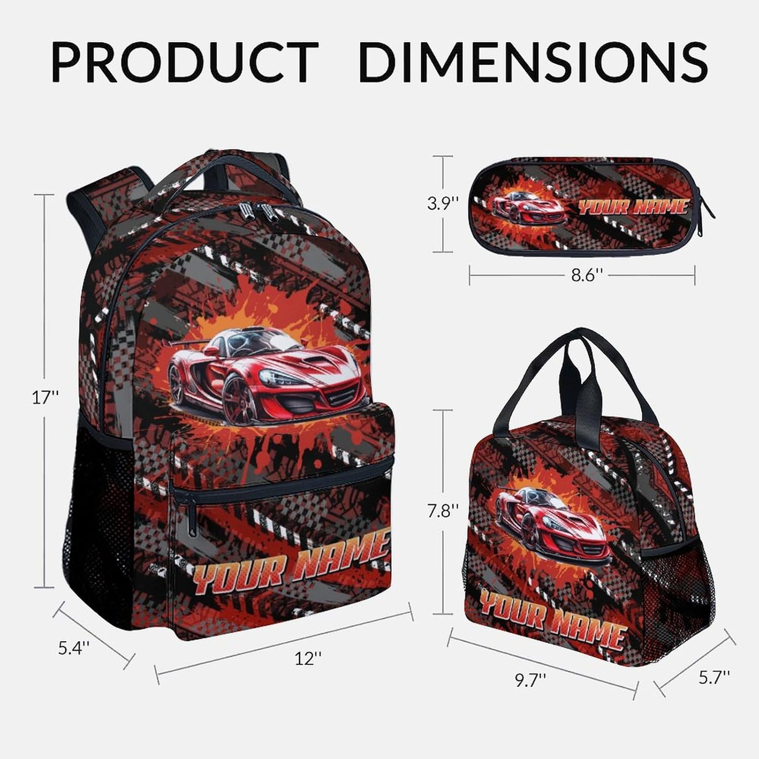 Mercuryelf Kids Bookbag with Lunch Bag and Pencil - 3 in 1 Custom Racing Car Backpack Set for Boys - 17 Inch School Backpack for Primary Middle