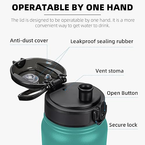 Miniatura 2 de Fanhaw Botella de agua de acero inoxidable aislada de 32 onzas con tapa para beber, a prueba de fugas y sudor, con tapa antipolvo (verde azul)