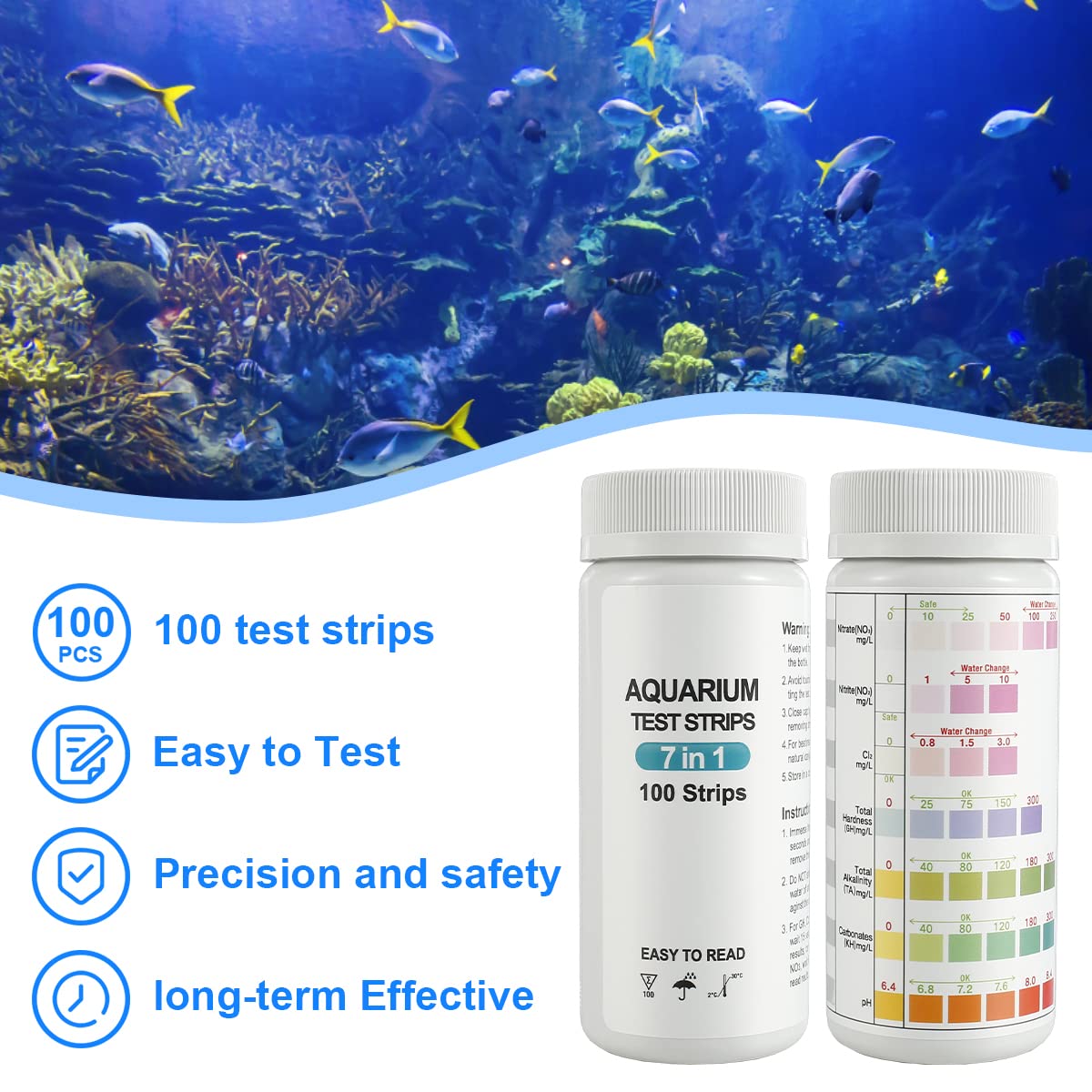 Aquarium-Teststreifen 50 Stück – 6-in-1 Für Süßwasser, Testet PH, Härte, Chlor, Karbonat