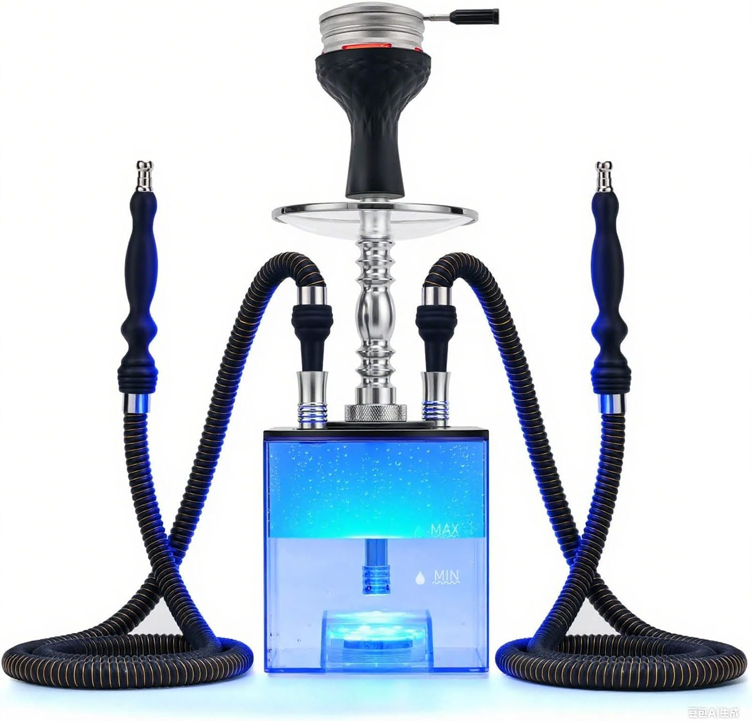 Portable 2 Hose Complete Hookah Set with Everything - Acrylic Cube Hookah Accessories Travel Kit Machine with Big Cloud | Easy to Set Up and Clean | Multicolor Remote LED Light for Home Party Better Shisha Smoking Gift