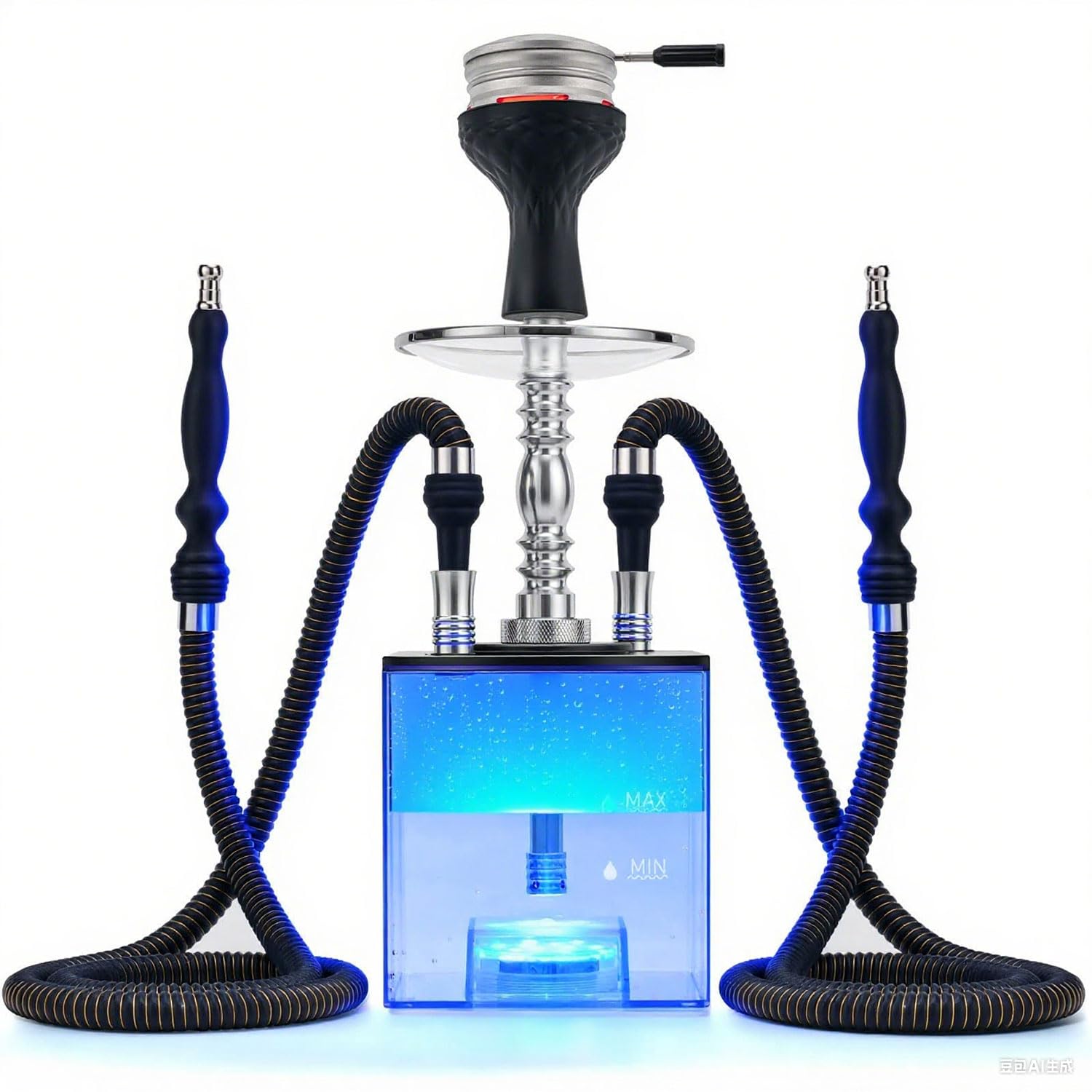 Complete Hookah Set with Everything - Modern Cube Acrylic Hookah 2 Hose with Heat Management Device | Silicone Hookah Bowl | Aluminum Coal Tongs Stem for Better Shisha Hookah Narguile Smoking | Diffuser Magical Remote LED Light | Easy Cleaning Easy Inhale
