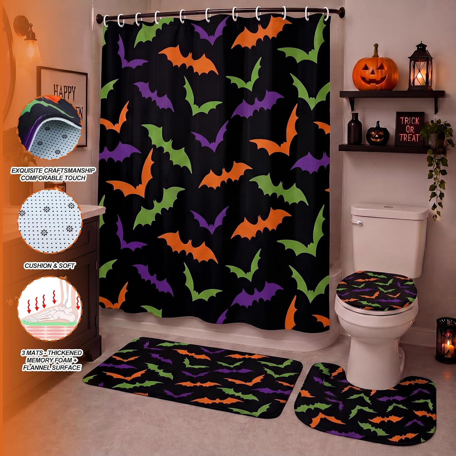 Fanfanwin 4 Pcs Halloween Bat Shower Curtain Set for Bathroom