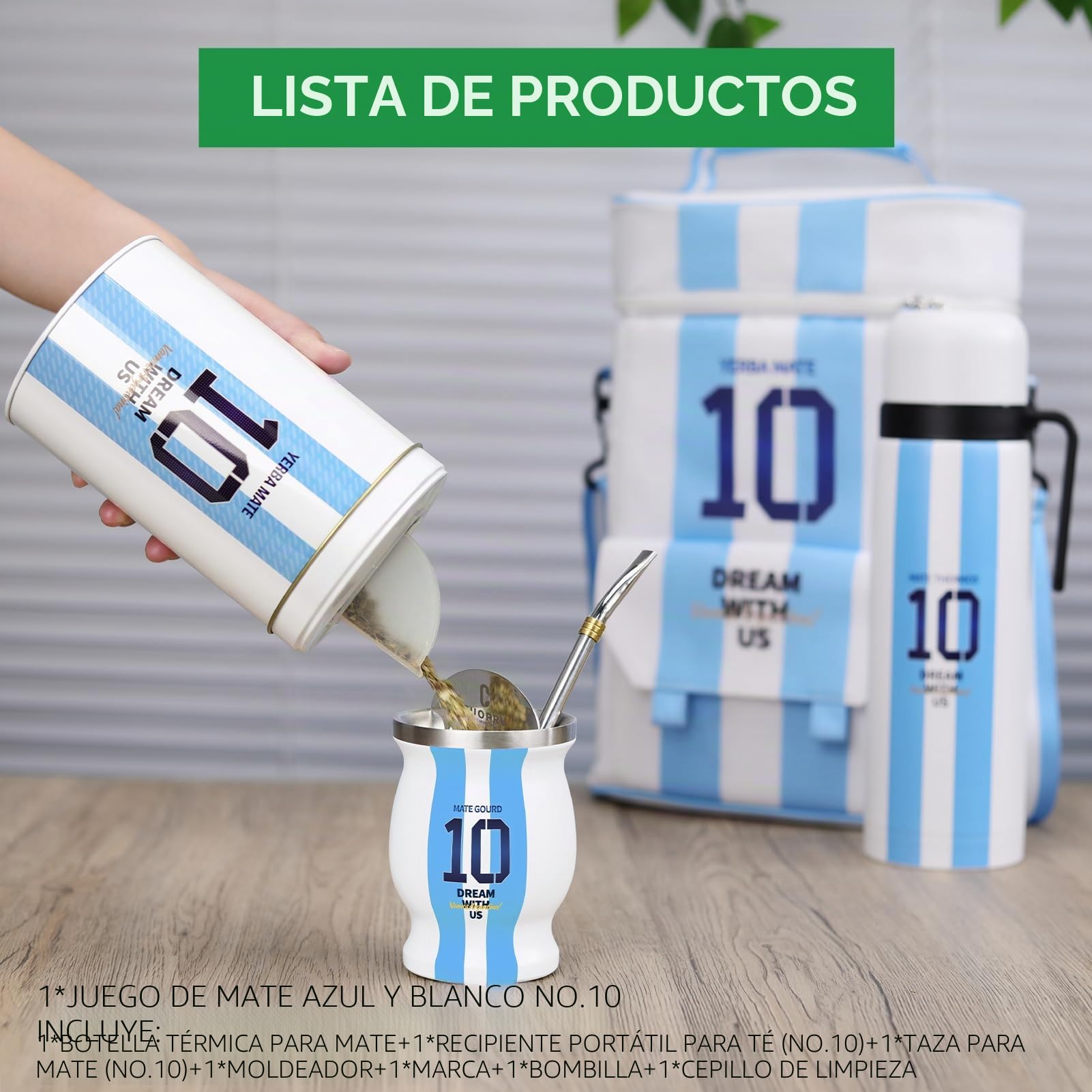 Kit completo para Yerba Mate – Incluye taza premium Argentina Captain NO.10 Mate, Bombilla (paja), botella térmica de 1000 ml, bolsa Matera, recipiente Yerbero, filtro de té y set de barba