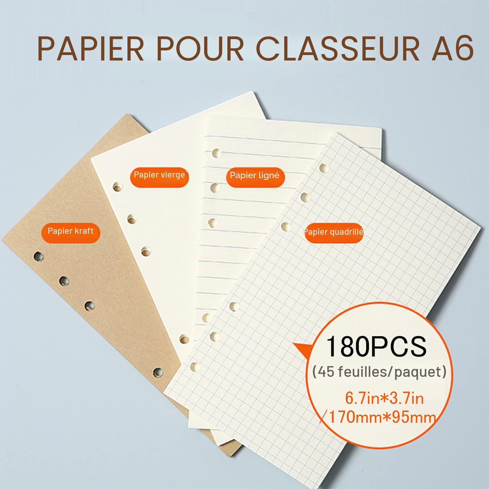 DY.2ten Lot de recharges A6 à 6 trous pour carnet de notes – Recharges de papier quadrillé + papier ligné + papier kraft + feuilles volantes vierges) 180 feuilles/360 pages (45 feuilles de chaque
