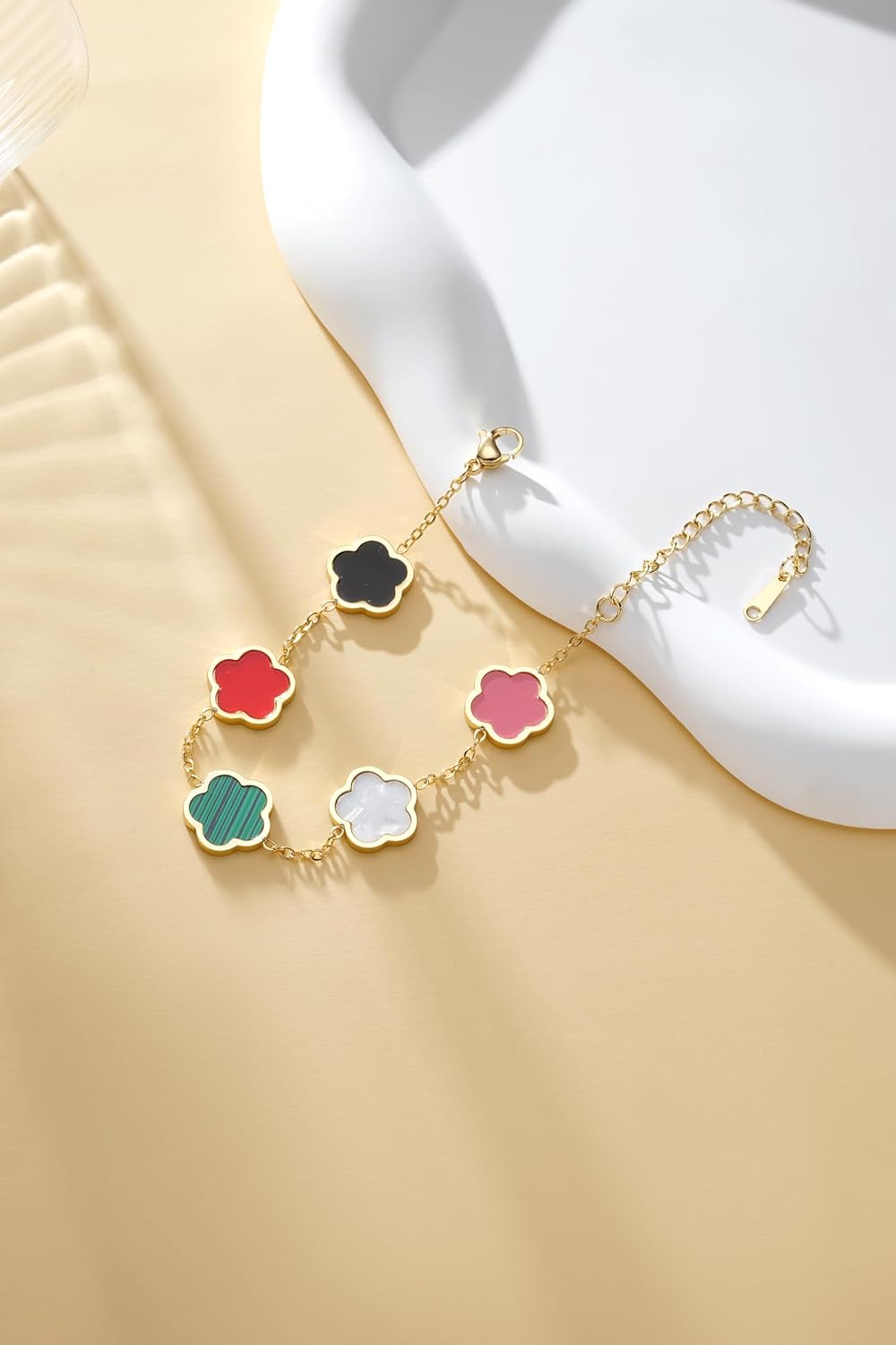 14K Gold-plated Clover Lucky Bracelet Women's Black/White/Pink/Colorful Flower Five Leaf Chain Bracelet Fashion Jewelry Gift -Hypoallergenic Charm for Birthdays, Holiday & Daily Wear - Image 3