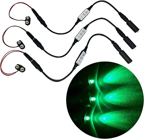 Paquete de 3 luces LED verdes con micro efecto intermitente, control de atenuador de parpadeo estroboscópico de 9 voltios funciona con pilas para