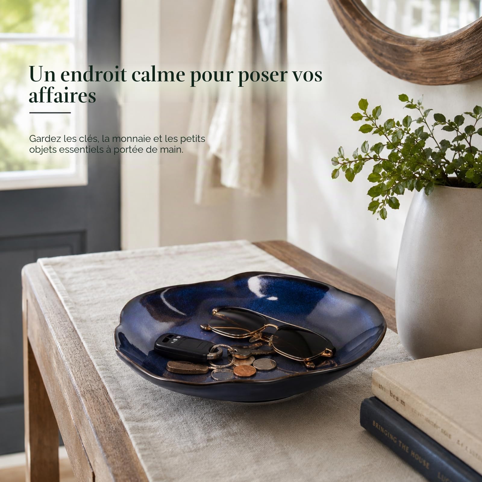 Bol décoratif en céramique bleu – Petit plat à bijoux de 26 cm, bol à fruits, à bonbons, bol à clés pour table d'entrée, plat à bijoux et bagues, plat fourre-tout en porcelaine pour cuisine, table de