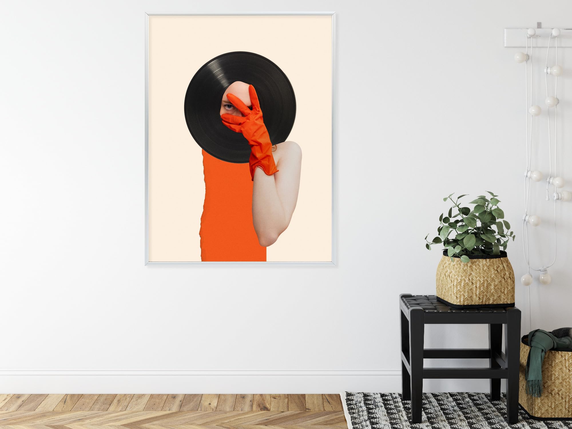 WALLERO Poster Spirito musicale su disco in collage pop art con Cornice in Alluminio Argentata – Decorazione Moderna da Parete e Stampa Artistica | Decorazione per Soggiorno, Camera da Letto 30x40
