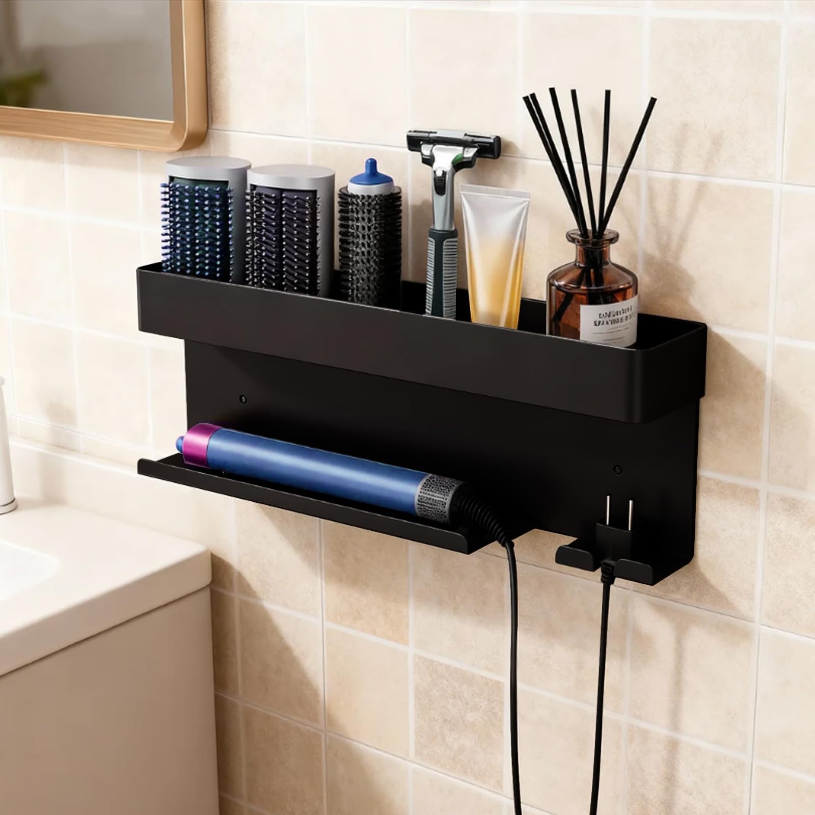 DYOUen Wandhalterung Curling Halter Organizer Stand Lagerregal für Dyson Airwrap, Edelstahl ohne Stanzen Aufbewahrungshalter (Stil 3)