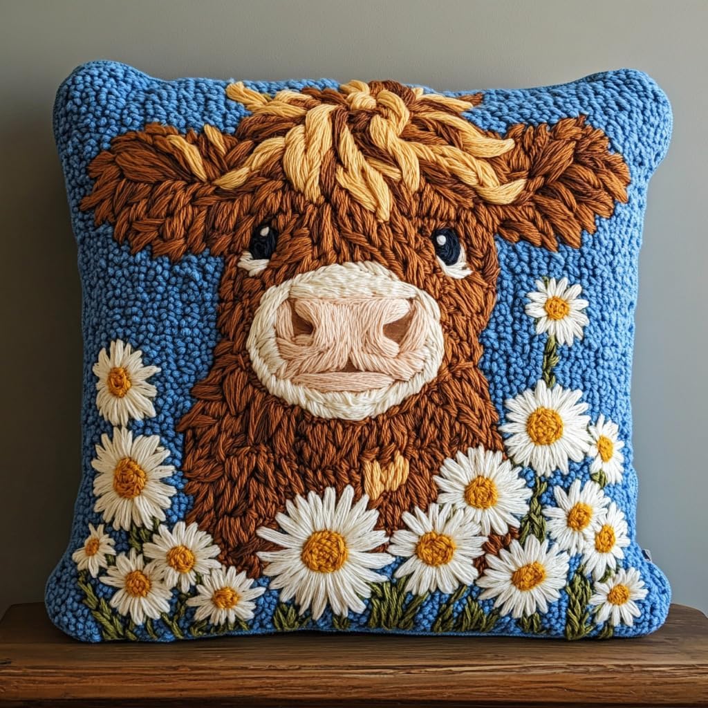 DIY Punch Needle Pillow Kit Cute Highland Cow Daisy Flowers with Pattern and Hoop Handmade Embroidery Punch Needle Starter Pillowcase Set for Home Sofa Decor 43x43cm-1-24