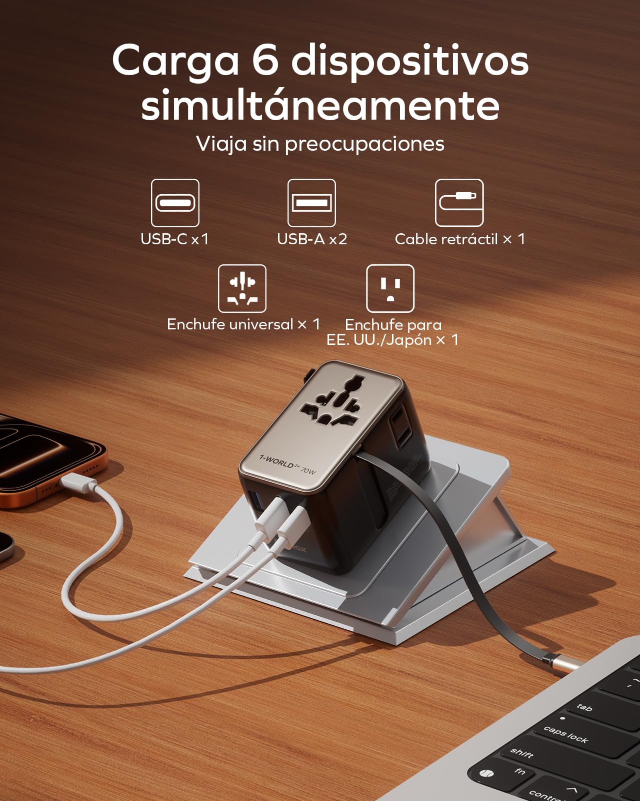 MOMAX Adaptador de Viaje Mundial de 70 W con Cable Extensible, Adaptador de Viaje Mundial con 2 Puertos CA, 2 Puertos USB A y 2 Puertos USB C, Adaptador de Viaje Internacional - Titanio