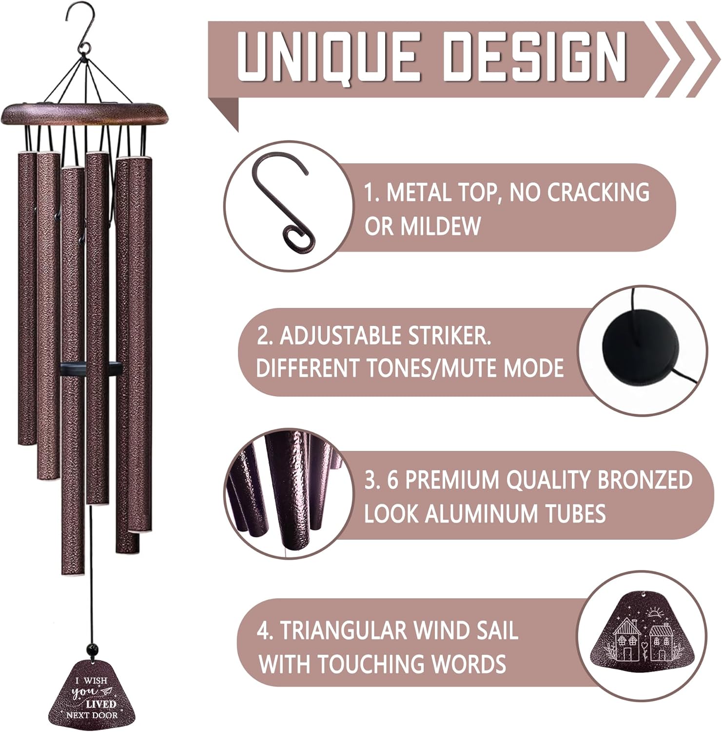 Birthday Gifts for Women Wind Chimes 32”, I Wish You Lived Next Door, Best Friend/Friendship/Bestie/Sister Gifts for Women, Christmas Anniversary Birthday Gift for Her Friend Sister Bestie Mom - Image 5