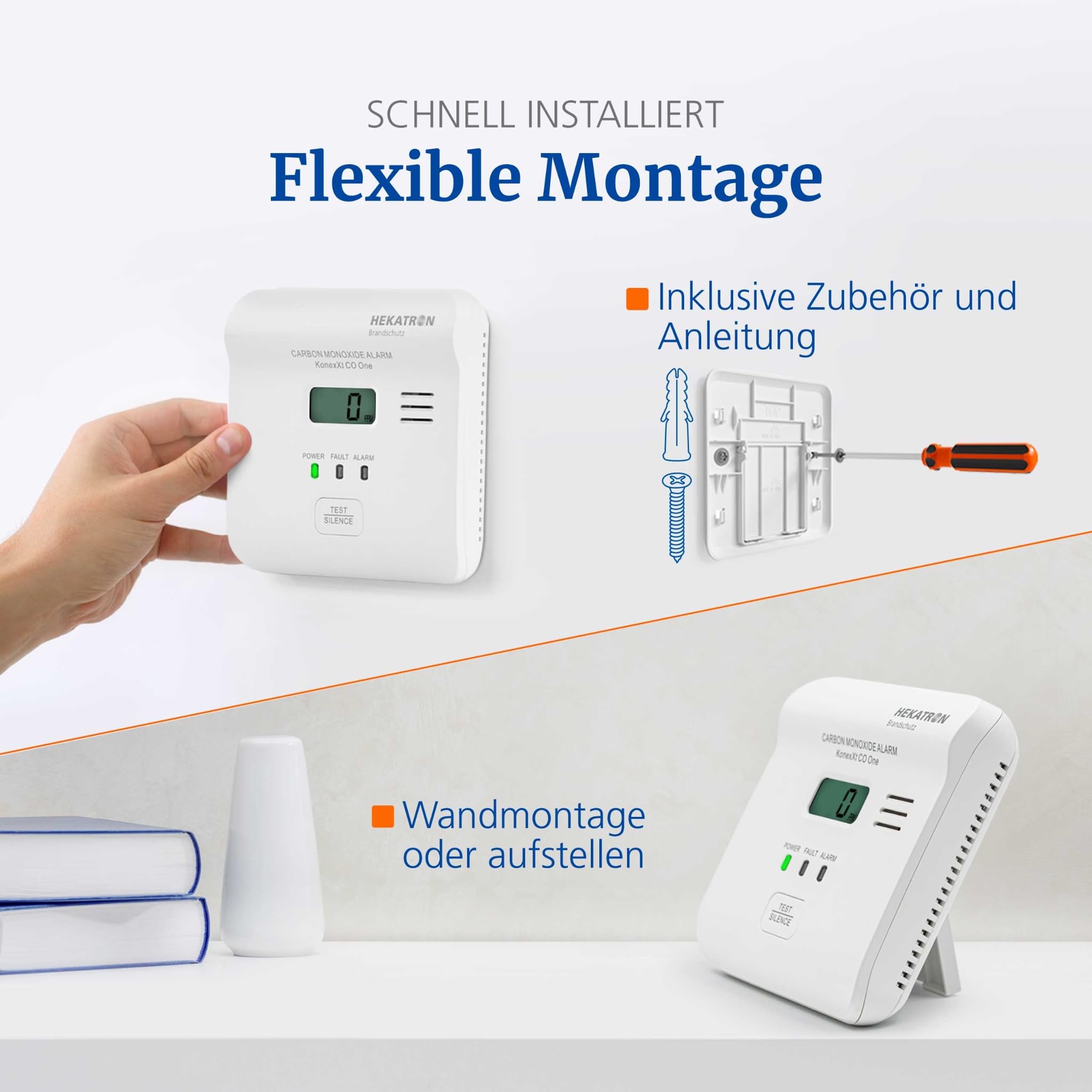 Hekatron KonexXt CO One – Kohlenmonoxid Melder 10 Jahre Batterie – CO Melder mit übersichtlichem Display und Test-Alarm-Taste, einfache Installation