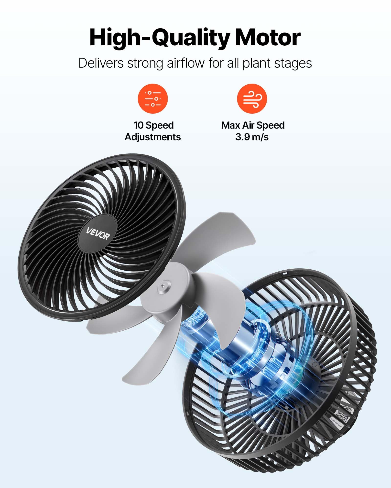 VEVOR Ventilateur de Culture à Pince, Ventilateur Oscillant pour Tente de Culture, USB-C, 9 Vitesses et Mode Cyclique, Oscillation 45° et 90°, pour Circulation de l'Air, Boîtier en ABS, Noir, Lot de 1