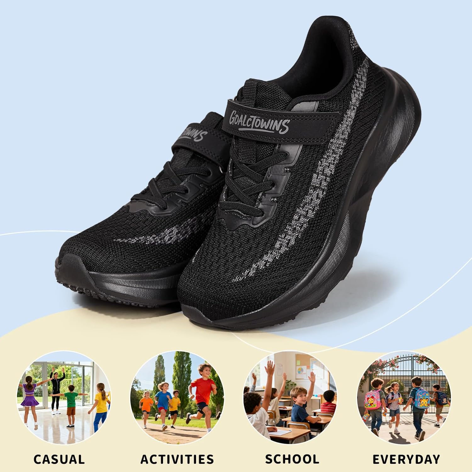 Wide Toe Box Shoes for Boys Girls,Non-Slip Walking Running Shoes with Hook and Loop for Little & Big Kids,Breathable Athletic Tennis Sneakers Size 1-13