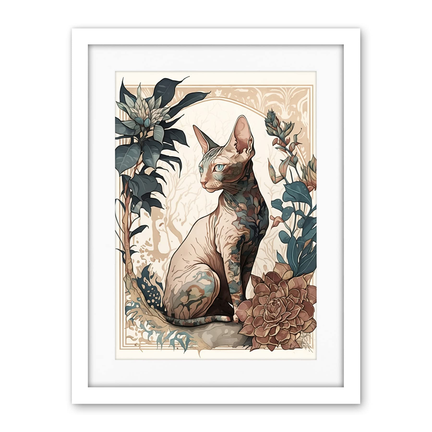 Artery8 Sphynx Cat with Flower Blooms Modern Art Nouveau Portrait Illustration Artwork Framed Wall Art Print 18X24 Inch