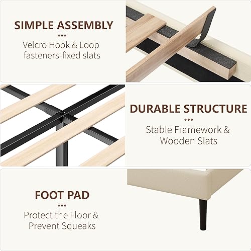 Miniatura 8 de Base de cama tamaño King, plataforma tapizada de lino con cabecero, fuerte soporte de listones de madera, base de colchón sin ruido, no necesita