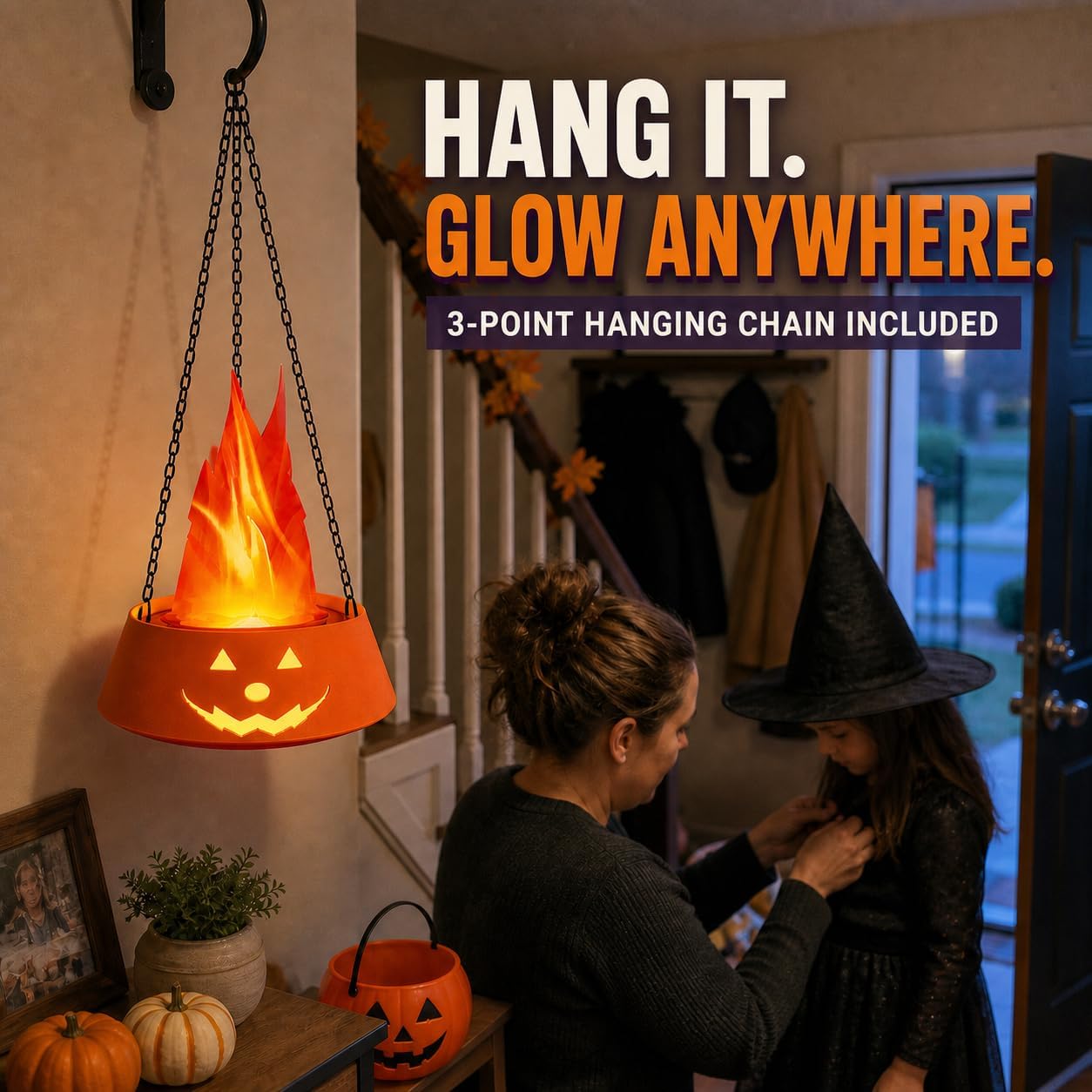 Foluu Halloween Fake Flame Pumpkin Light, Rechargeable 1800mAh LED Simulated Fire Lantern, Hanging & Table‑Stand 2‑Modes Decor Lamp for Halloween Party, Bar, Patio, Haunted House Atmosphere