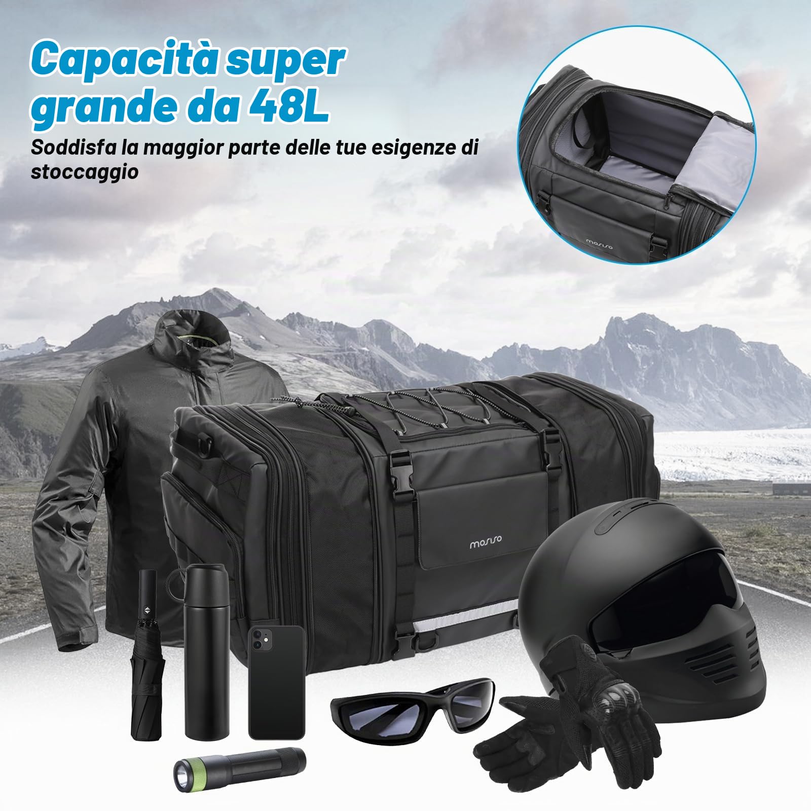 MOSISO Viaggio in Moto Bagagli Borsa Portapacchi Conespandibile da 32L-48L, | Borsa Portaoggetti Moto con Sedile Posteriore con Rain Cover&Shoulder Strap Motorbike Storage Duffle Carry, Nero