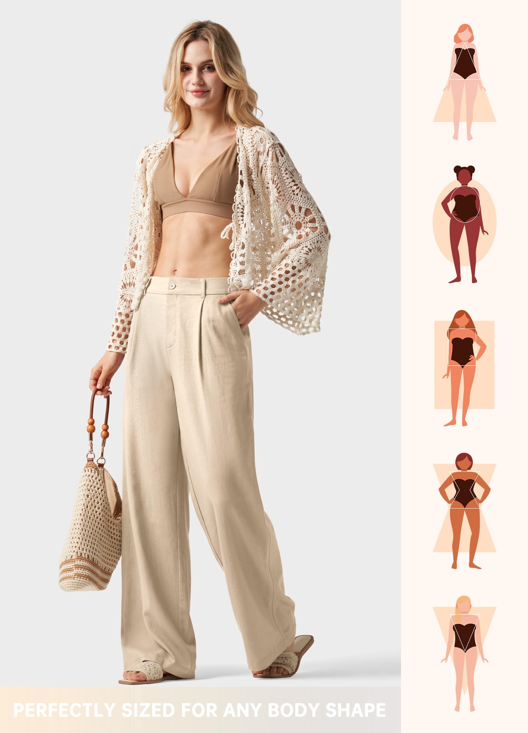 Willit Pantaloni da donna in lino a gamba larga, da lavoro, casual, con tasche