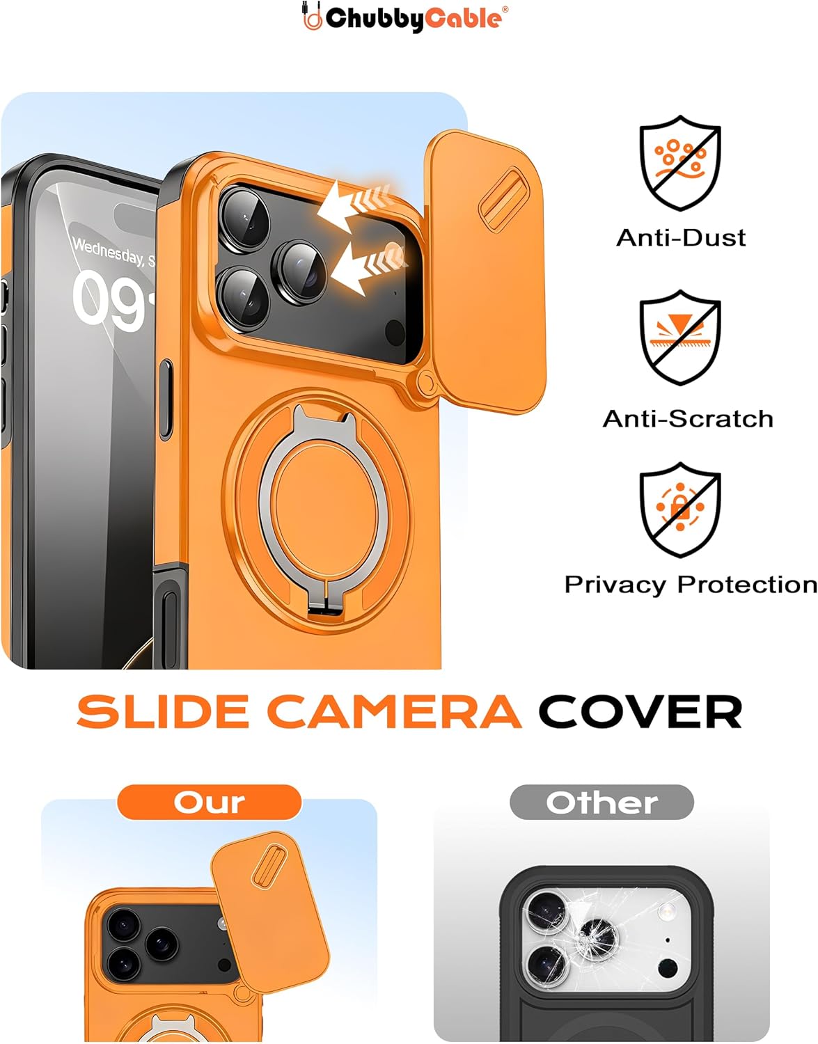 Condition photo showing Brand New for chubbycable phone case for iphone 17 pro max chubbyarmor 2.0 military-grade shockproof magnetic case with camera slide & 360° kickstand ring, orange