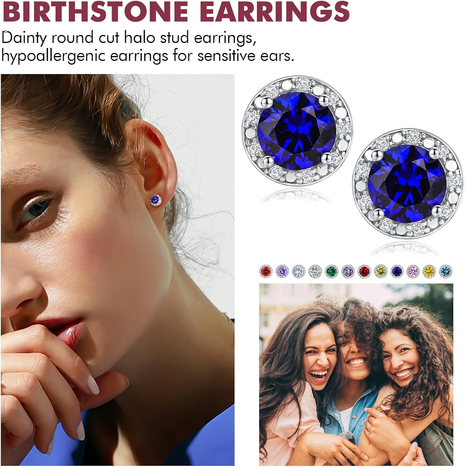 DAYBYDAY Birthstone Earrings for Women 925 Sterling Silver Halo Stud Earrings, Small Round/Cushion/Heart Gemstone Earrings Birthstone Jewelry - Image 2