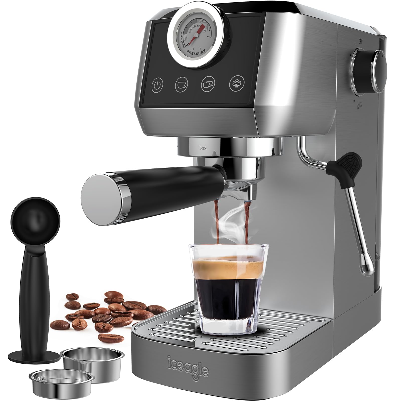 iceagle Espressomaschine CM1665B 20 Bar Italienischer Pumpe Siebträgermaschine Edelstahl Kaffeemaschine Espresso Cappuccino Latte Touchscreen Druckanzeige 1.3L Wassertank