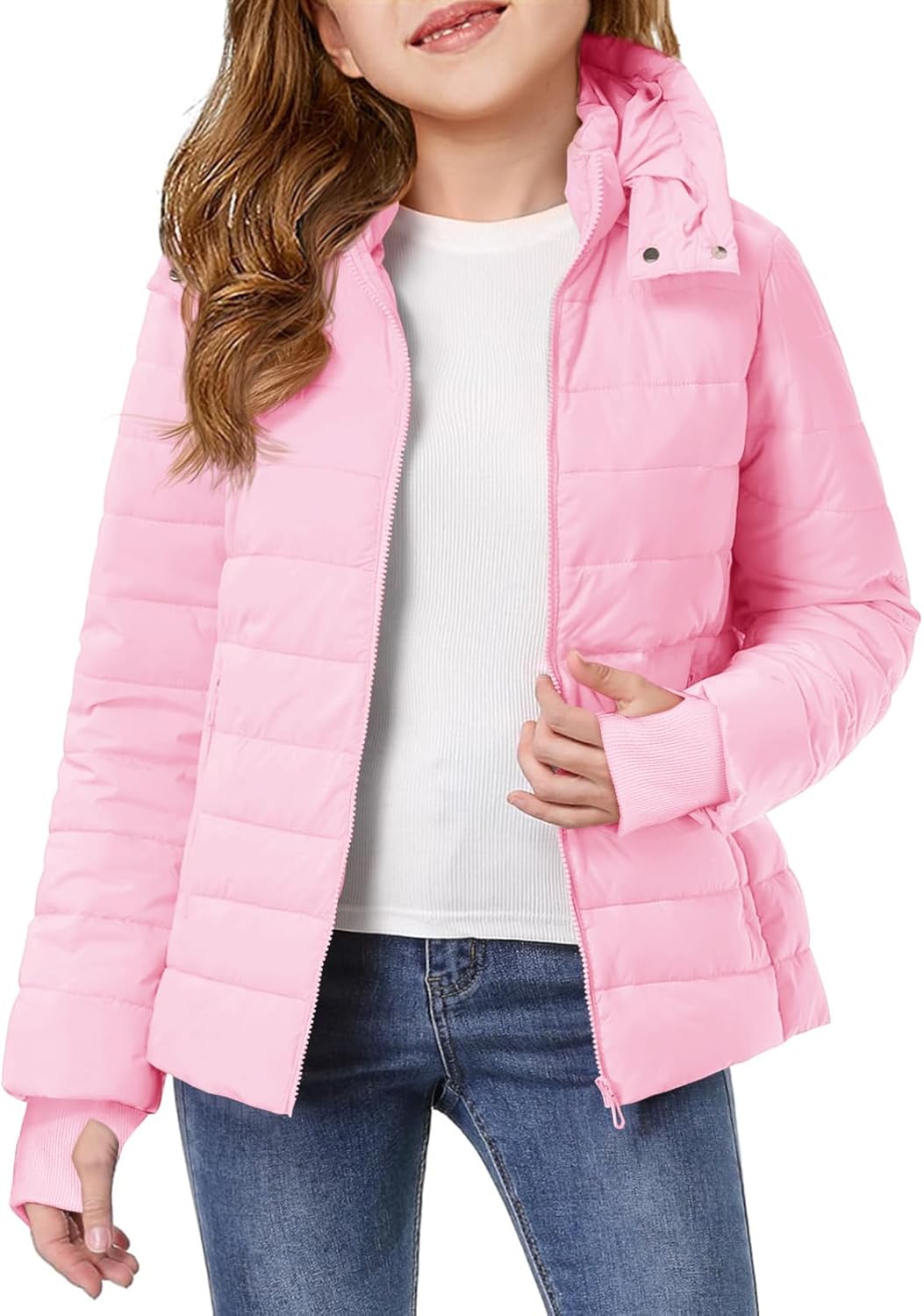Haloumoning Girls Hooded Puffer Jacket Kids Winter Quilted Down Coats with Zipper Pockets 5-14 Years