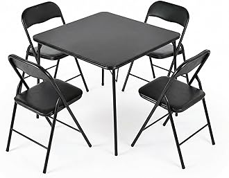 FurnitureR 5 Piece Folding Dining Set, 33.9 Inch Square Portable Table with 4 Padded Folding Chairs for Dining, Games & Small Space Use, No Assembly Required, Black