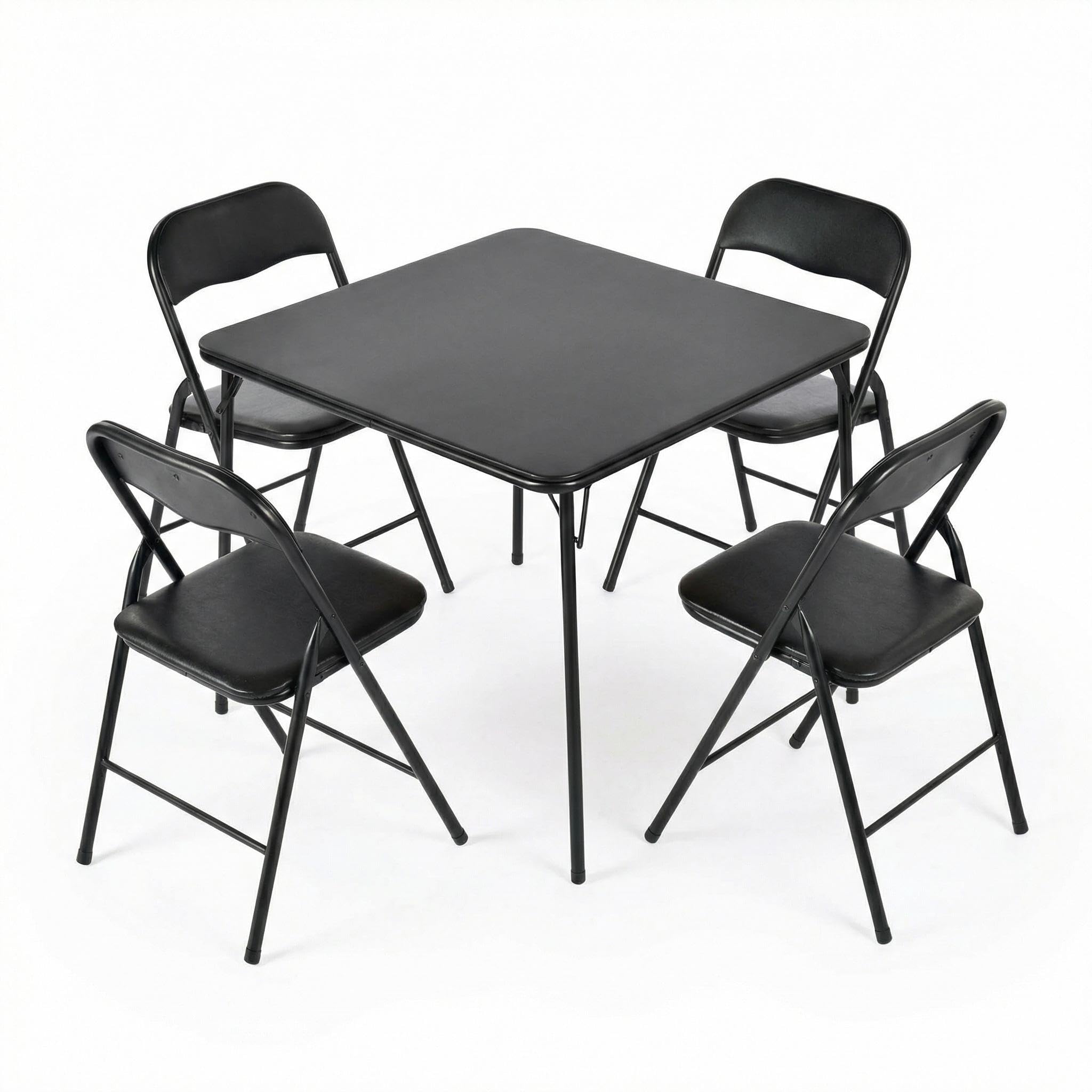 FurnitureR 5 Piece Folding Dining Set, 33.9 Inch Square Portable Table with 4 Padded Folding Chairs for Dining, Games & Small Space Use, No Assembly Required, Black