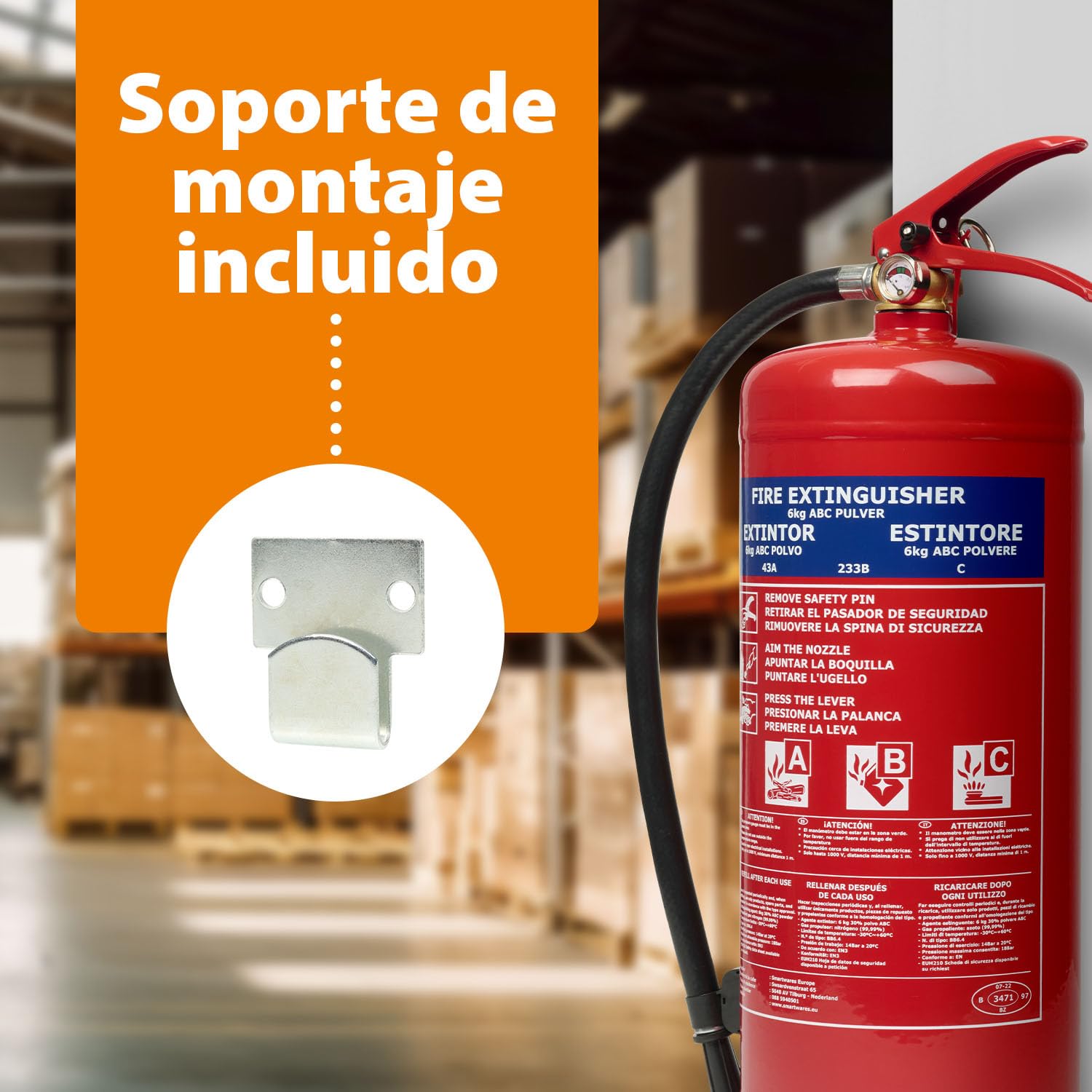 Smartwares Powder Extinguisher, 6 kg, for ABC Fires, Suitable for Vehicles and Homes, with mounting Bracket