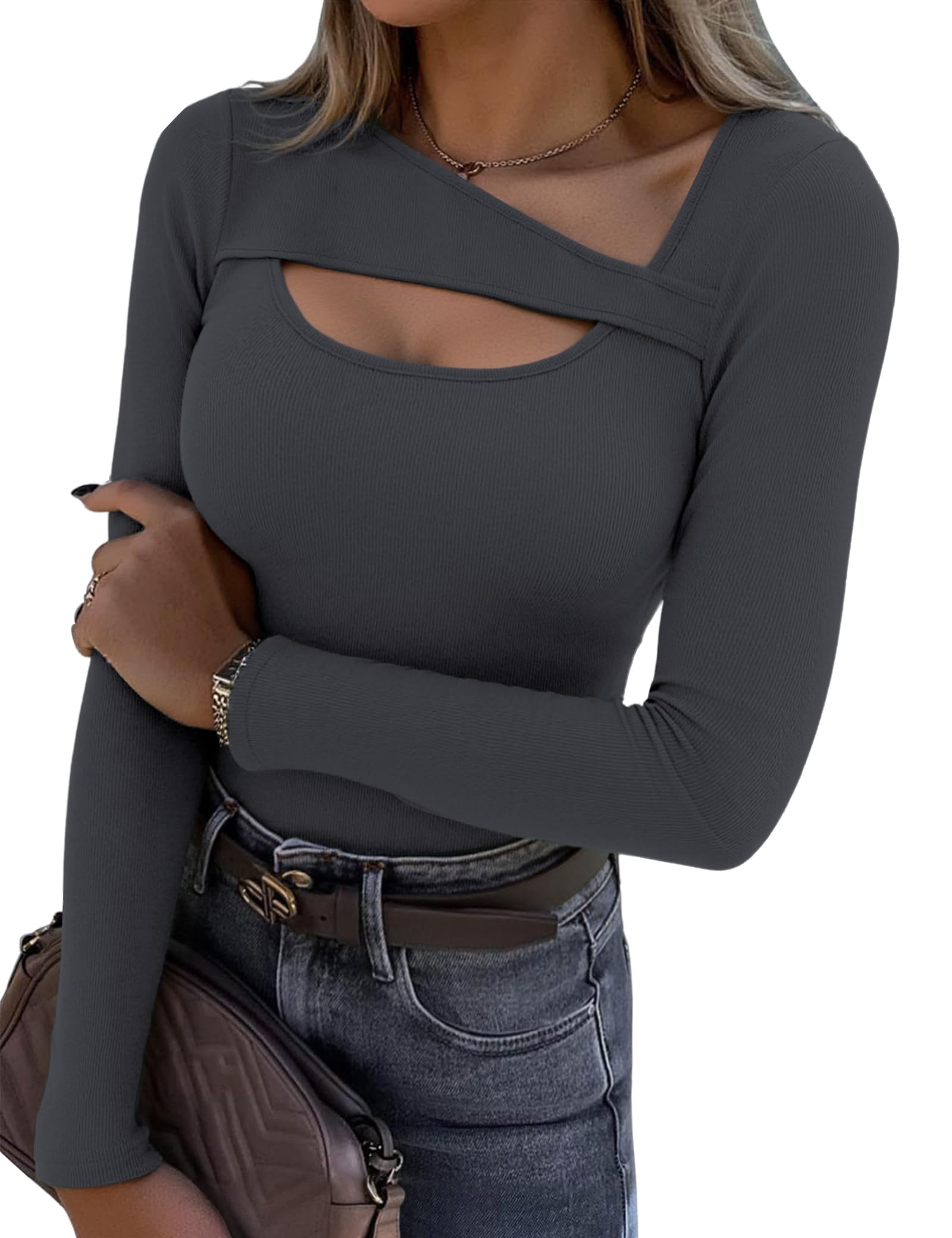 Aottori Damen Langarmshirt Asymmetrischer Ausschnitt Oberteile Langarm Gerippt Basic Tee Shirts Slim Fit Elegant Pullover Stretch Casual Tops Einfarbig
