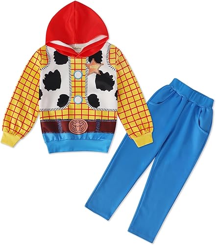 Miniatura 7 de Eledobby Disfraz infantil de Buzz Lightyer para Halloween, disfraz de sheriff Woody para niños, conjunto de pantalones con capucha