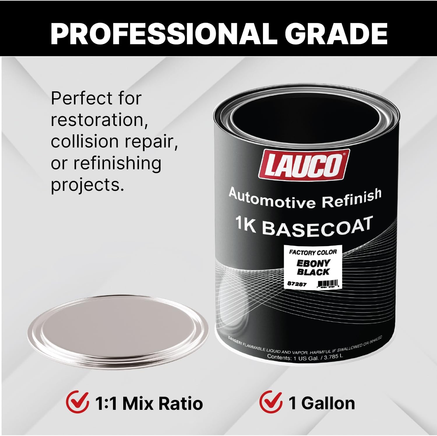 LAUCO Black 1K Basecoat Automotive Paint – Factory Color Match Ebony – 1 Gallon – Spray Gun Ready – Deep Black Finish – Mixing Ratio 1:1 – Auto Body Refinish- 87287