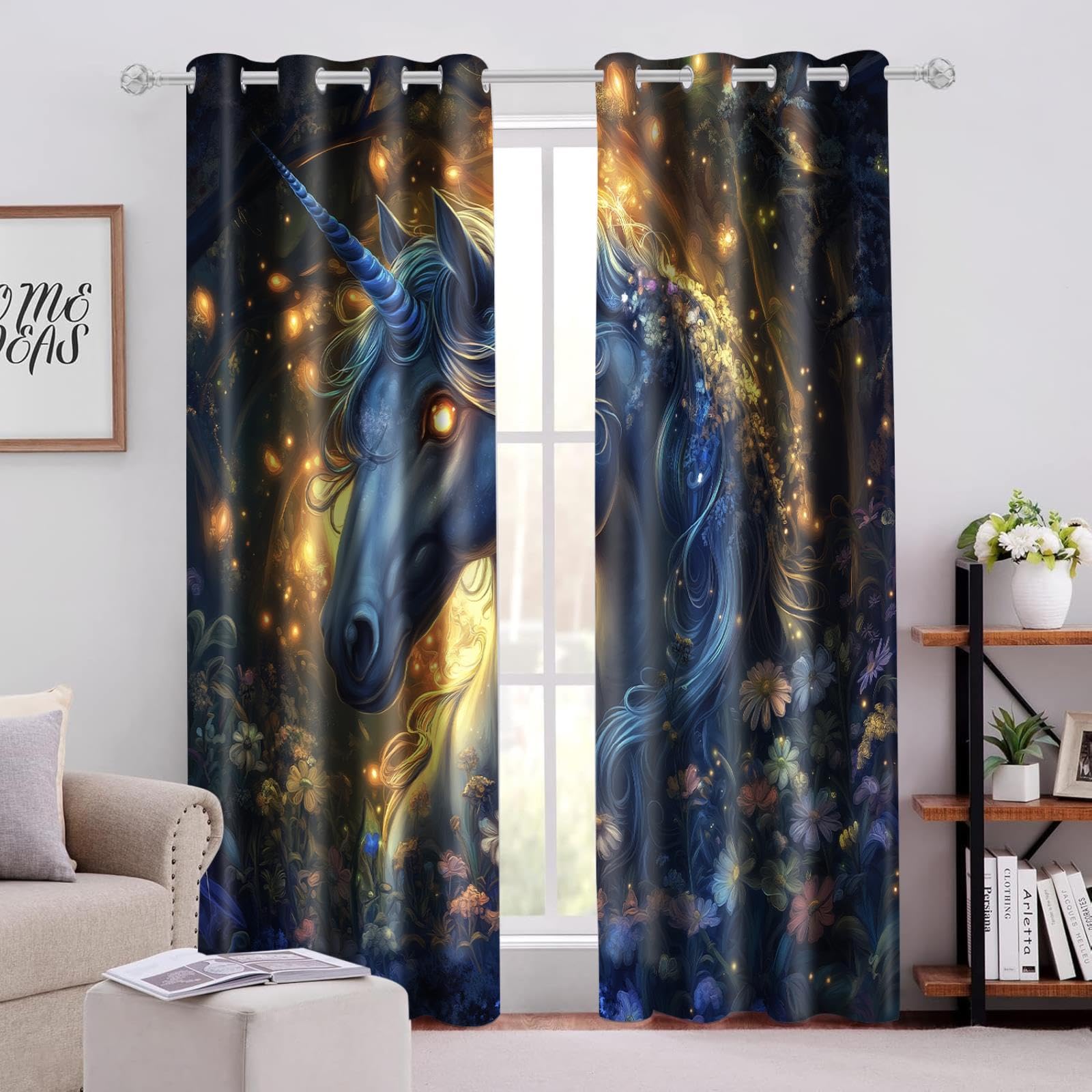 Rideaux Opaque Fleurs Licorne Imprimé, Rideau Occultant Intérieurs pour Chambre Salon, Rideaux à Oeillets Thermiques Anti Froid pour Fenêtre, 300x270cm (LXH) Lot De 2, Design Moderne