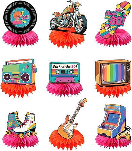 9 piezas de centro de mesa con temática de panal de abeja vintage, decoración de mesa 3D con radios de grabación de motocicleta para suministros de