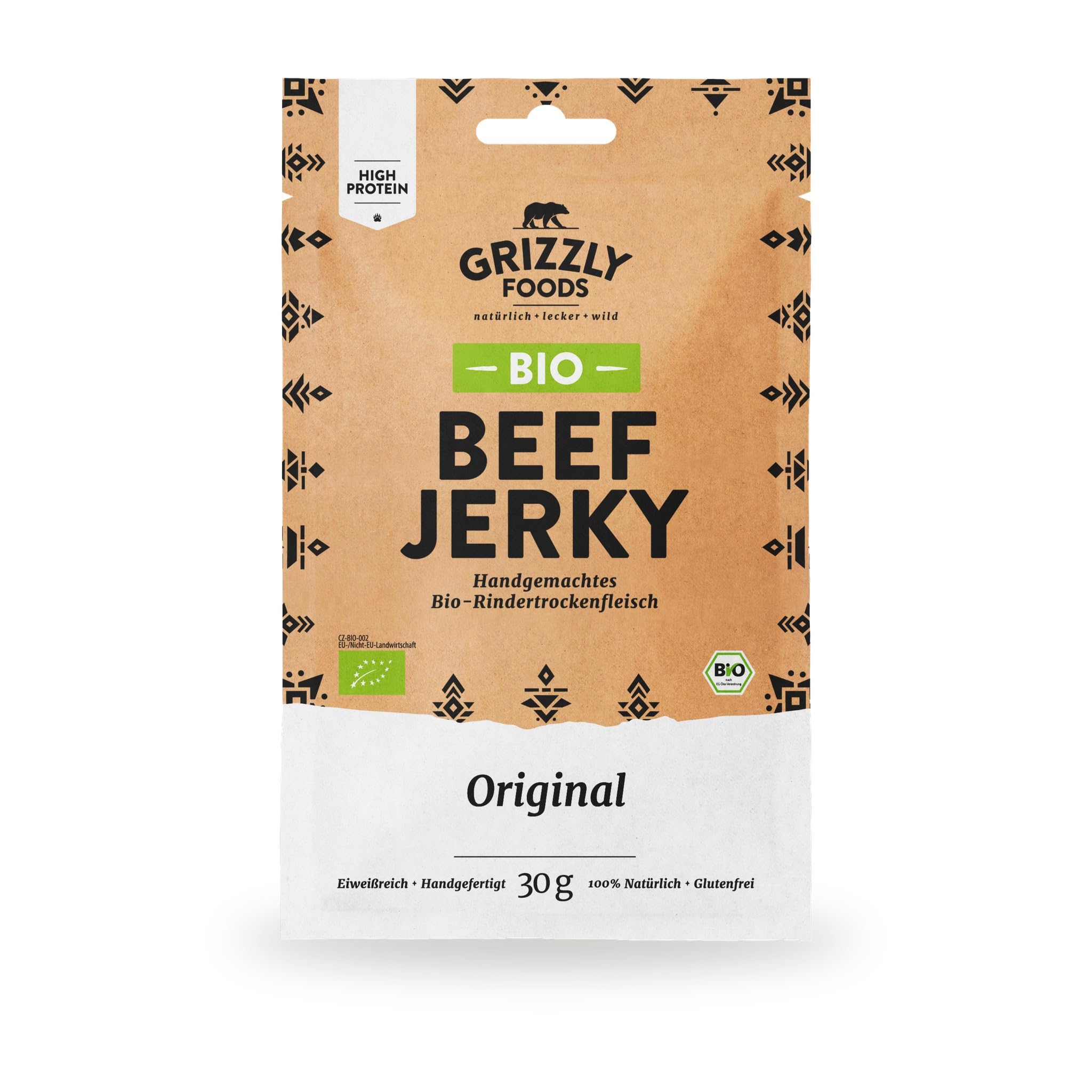 Grizzly Foods • BIO Beef Jerky Original (8 x 30g) • Bio-Trockenfleisch ohne Zucker und Zusätze • High Protein Snack • Ideal für Unterwegs, Büro, Sport