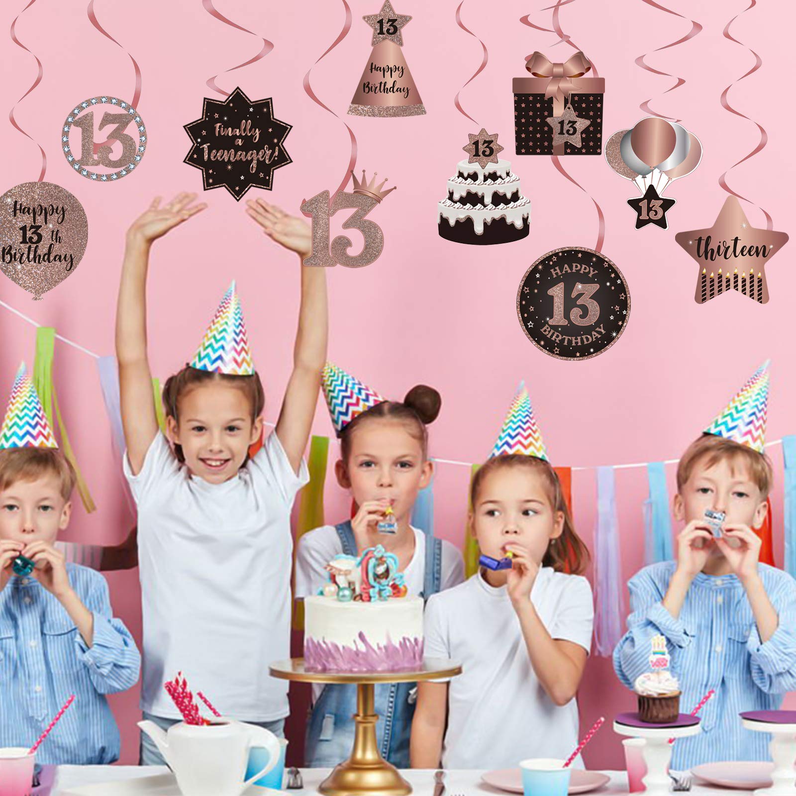 happy-13th-birthday-party-hanging-swirls-streams-ceiling-decorations