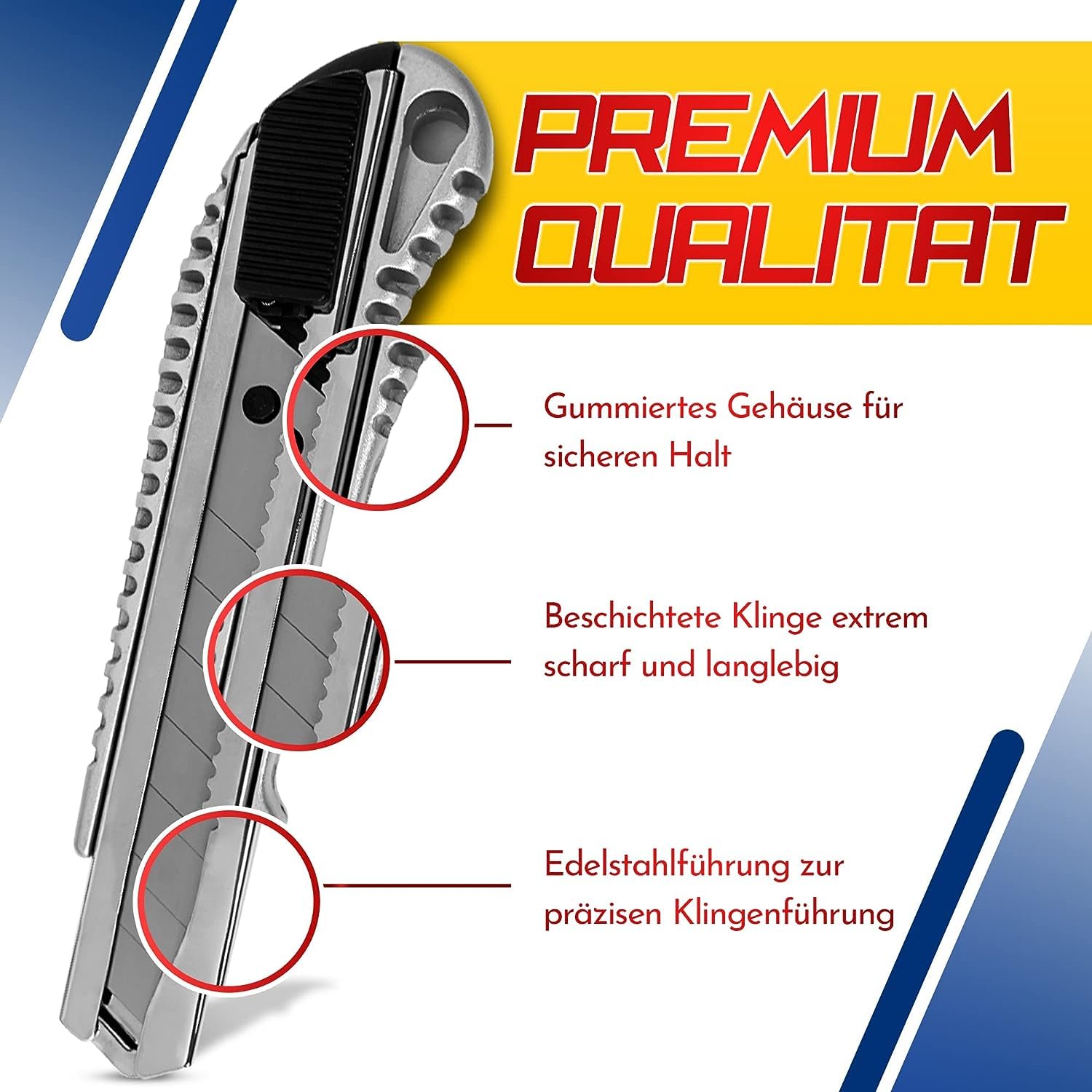 HAYATEC 10x Cuttermesser 18mm + 100x Abbrechklingen, Teppichmesser profi, Cuttermesser Profi aus Aluminium für Heimwerk & Gewerbe, Robust und Ultrascharf, inklusive 100x Abbrechklingen aus SK5