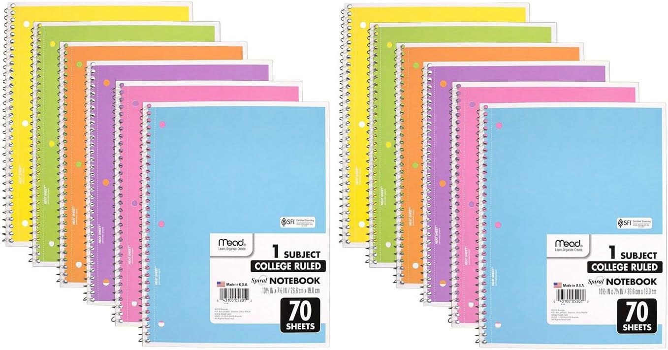 Mead Spiral Notebook, 6 Pack of 1-Subject College Ruled Spiral Bound Notebooks, Pastel Color Cute school Notebooks, 70 Pages: Office Products