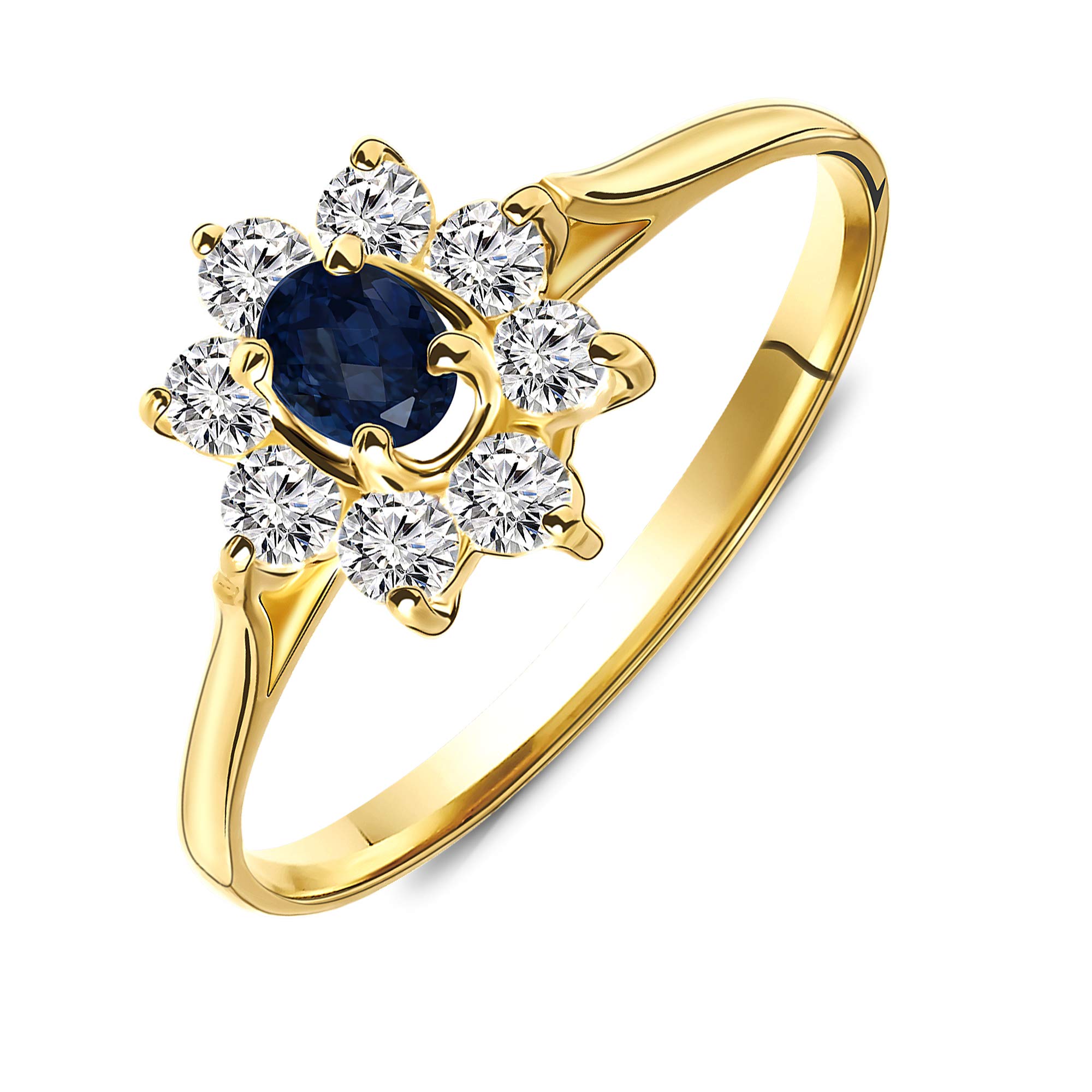 MIORE - Anillo de Compromiso para Mujer, Oro Amarillo 585 de 14 Quilates con Piedras Preciosas de Zafiro Azul y circonitas Redondas